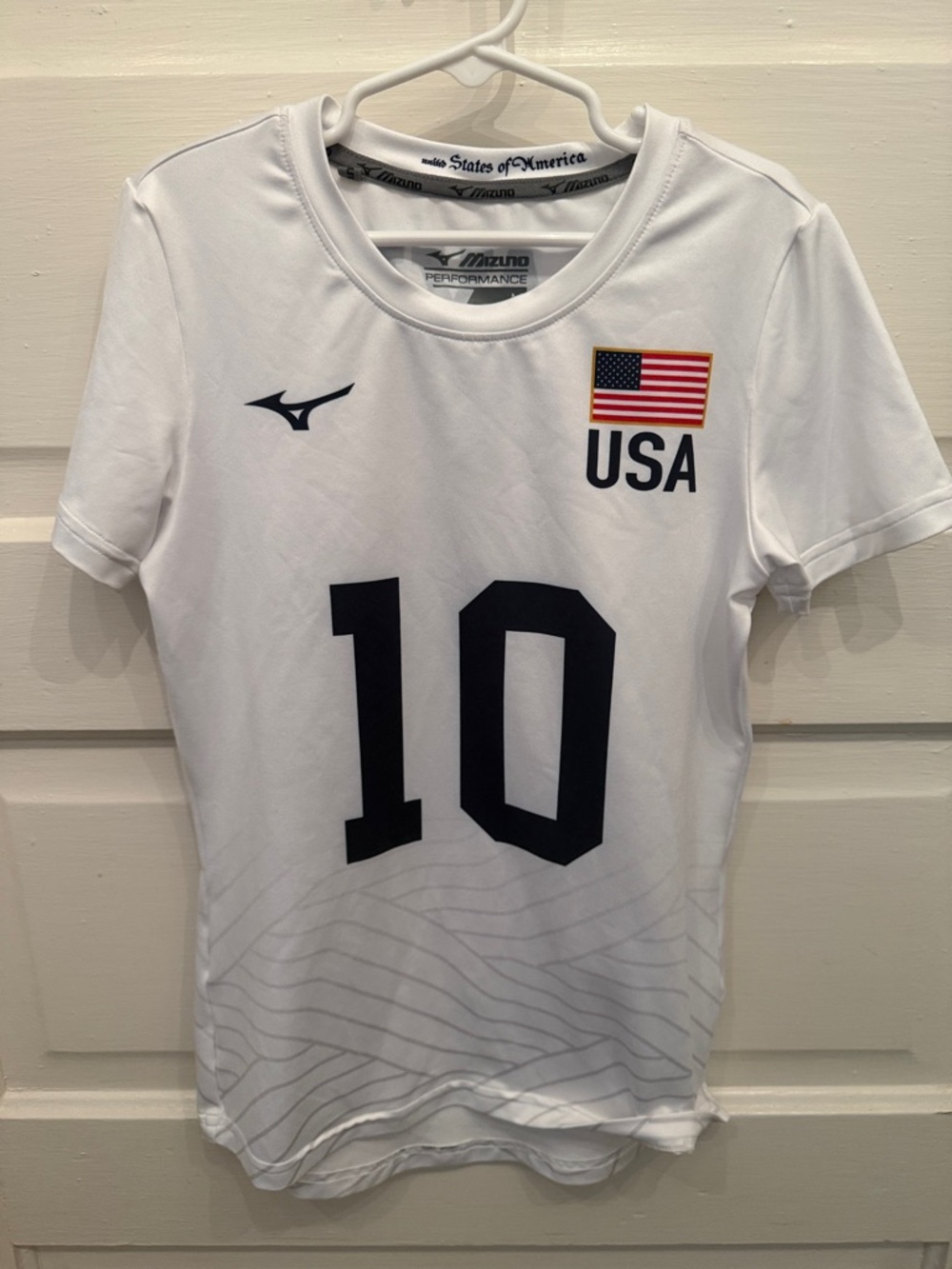 Girls Mizuno White USA Number 10 Athletic Jersey with Navy Details